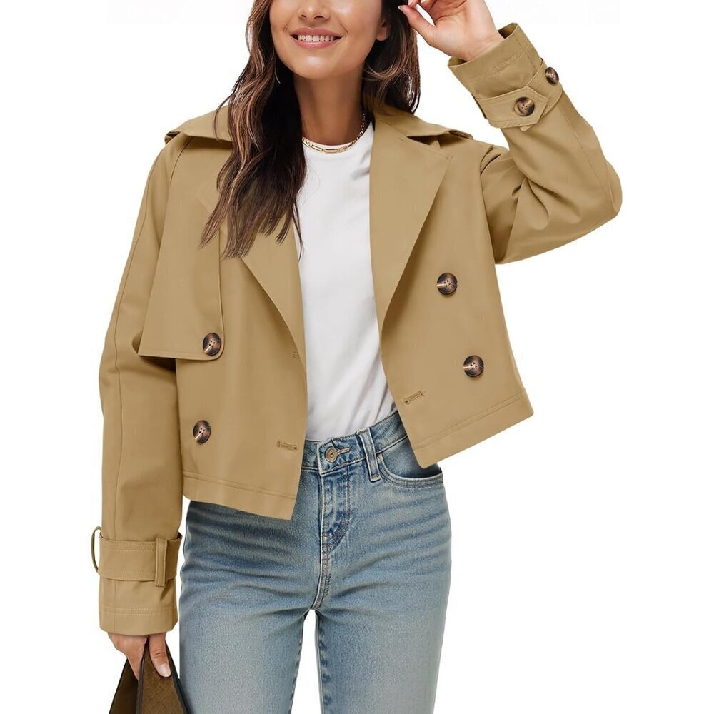 🆕Women's Khaki Cropped Trench Coat Lapel Double Breasted Short Jacket Outwear